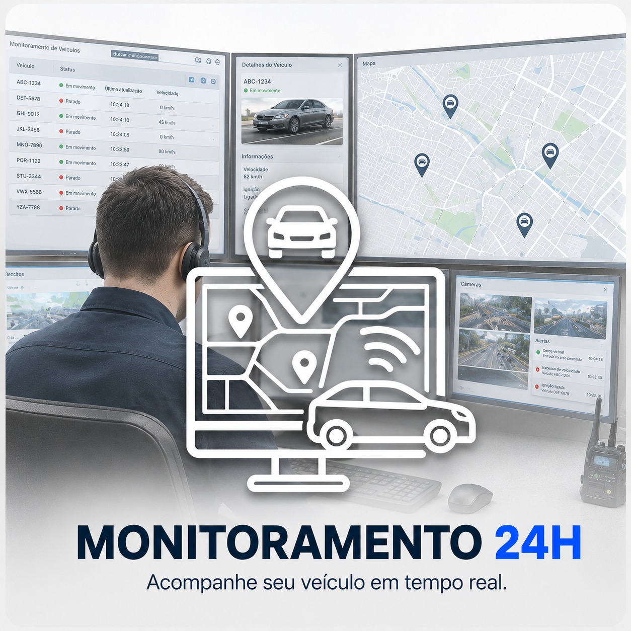 Central de monitoramento QAP acompanhando veículos em tempo real